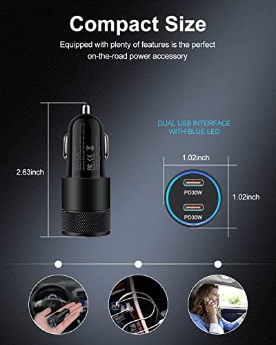 AILKIN 60 W Dual Port USB-C Car Charger – Fast Charging Cigarette Lighter Adapter for i Phone 16/15/14/13/12 Pro Max & Galaxy S25/S24/S23 – Compact PD3.0 Technology for Enhanced Speed & Compatibility – Ideal for Family Road Trips & Daily Commutes