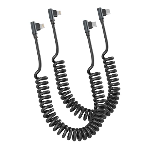 90-Degree USB C to Lightning Cable 3 FT 2-Pack – PD 27 W Fast Charging for i Phone 14/13/12/11/X & i Pad – MFi Certified Coiled Design for Tangle-Free Use in Cars – Enhanced Data Sync and Convenience for On-the-Go Charging