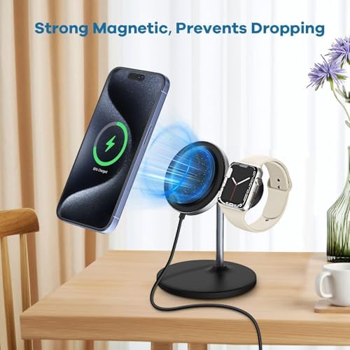 2-in-1 Magnetic Wireless Charger Station for i Phone & Apple Watch – 15 W Fast Charging Pad with Detachable Stand, Includes 25 W PD Adapter – Optimal Compatibility for i Phone 16/15/14/13/12 Series & Apple Watch Models – Travel-Friendly Design with Enhanced Magnetic Alignment for Secure Charging & Vertical/Horizontal Viewing