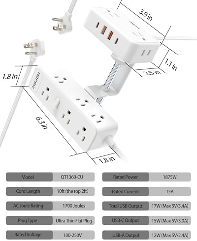 15 FT Under Desk Surge Protector Power Strip with 13 Outlets & 4 Fast Charging USB Ports – Dual Layer Desktop Clamp Charging Station for Home & Office – Enhanced Safety with 1700 Joules and Flexible Extension Cord