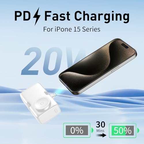 Compact 5000 m Ah Portable Charger for i Phone and Apple Watch – 20 W PD Fast Charging Power Bank with Built-in USB-C Connector for Travel – Compatible with i Phone 15/14/13/12 Pro/Max and Apple Watch 9/8/7/6/SE – Sleek, Lightweight Design for Ultimate Portability and Enhanced Performance