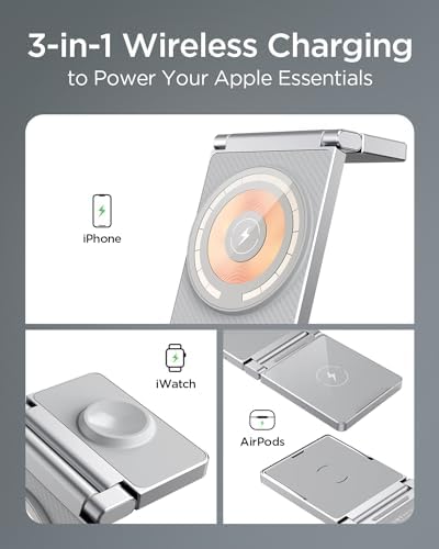 Hohosb Foldable 3-in-1 Magnetic Wireless Charger Station – Premium Zinc Alloy Design for i Phone 15/14/13/12, Air Pods Pro/3/2, and Apple Watch – Mag Safe Compatible, Fast Charging, and Travel-Friendly Solution for All Your Devices (Blue)