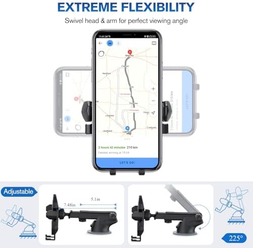 Universal Adjustable Car Phone Mount Holder for Dashboard and Windshield – Secure Grip for i Phone & Android Devices, Enhanced Visibility and One-Handed Use, Durable Black Design