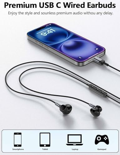 Premium USB C Noise-Canceling Earbuds with Microphone – Advanced In-Ear Headphones for i Pad A16, Galaxy Z Flip 7, Fold 6, S25, i Phone 16 Pro Max, Pixel 9 – Tangle-Resistant Magnetic Design for Exceptional Sound Clarity & Comfort – Ideal for Audiophiles Using i Phone & Android Devices