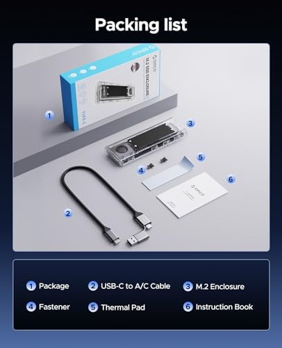 ORICO Transparent M.2 NVMe SSD Enclosure – Ultra-Fast USB 3.2 Gen 2 Adapter for PCI-E M-Key SSDs (2280/2260/2242/2230) – Lightweight and Durable External Solid State Drive Case with Tool-Free Setup and USB Type-C Support for Seamless Data Transfer
