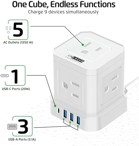 Uncaged Ergonomics Cube Power Strip with 10 ft Extension Cord – Surge Protected Charging Station Featuring 5 AC Outlets, 3 USB Charging Ports (1 USB-C Fast Charger) and On/Off Switch for Ultimate Convenience and Safety