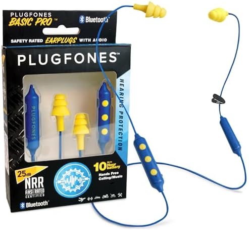 Plugfones Basic Pro Wireless Bluetooth Earplug Headphones – OSHA Compliant Noise Reduction Earbuds with 25 d B Protection, Noise Isolating Mic, and Stylish Blue & Yellow Design for Enhanced Comfort and Audio Performance