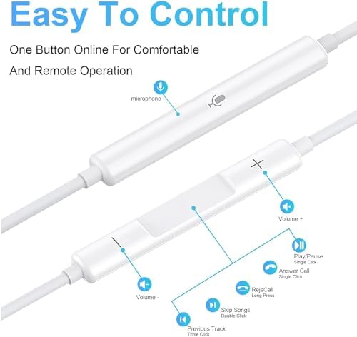 USB-C Wired Earbuds for i Phone 16/15 & Galaxy S22/S21/S20 – Premium Noise-Cancelling Headphones with Built-in Microphone and Ergonomic Design – Tangle-Free Comfort for Enhanced Sound Quality & Versatile Device Compatibility