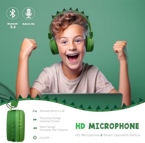 Dinosaur Bluetooth Headphones for Kids – Safe 85 d B Volume Control, Comfortable Over-Ear Design with Built-In Microphone & AUX Input for Tablets and i Pads – Ideal Travel Companion for Young Explorers and Learning Adventures