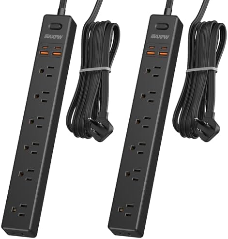 Dual Pack Surge Protector Power Strip with 7 Outlets & 4 USB Ports (2 USB-C) – 6 Ft Flat Plug Extension Cord for Ultimate Device Charging Efficiency – 1875 W/15 A, 1700 Joules Protection, Wall-Mountable for Home, Office, & Dorm Spaces – Sleek Design for Space Optimization and Safety