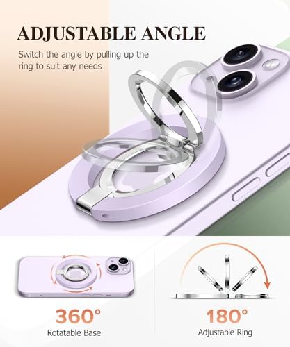 GVIEWIN Magnetic Phone Ring Holder, Compatible with MagSafe Phone Grip with Adjustable Stand, Magnet Phone Ring Kickstand for iPhone 16 Pro Max/Plus/15/14/13/12 Series/Other Phones (Purple) – Enhanced Compatibility and Speed