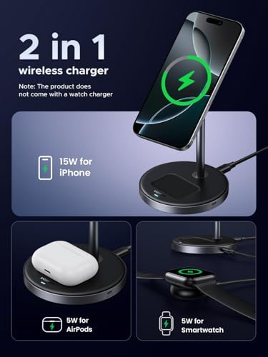 UGREEN Qi2 Certified 15 W Magnetic Wireless Charging Stand – 2-in-1 Fast Charging Station for i Phone 16, 15, 14, 13, 12 & Air Pods – Mag Safe-Compatible with 3 FT USB-C Cable for Effortless Power and Enhanced Organization
