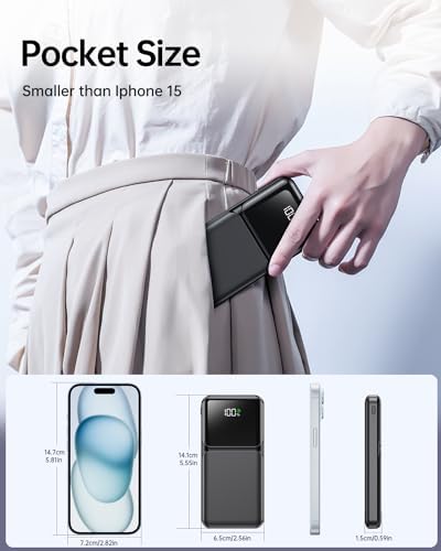 Ultra-Slim 10,000 m Ah Portable Power Bank with Built-in Cable – Fast Charging USB-C Travel Charger for i Phone, Samsung, Android & i Pad – Essential Battery Pack with Enhanced Compatibility and LED Indicator