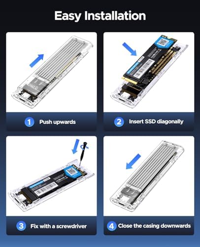 ORICO Transparent M.2 NVMe SSD Enclosure – Ultra-Fast USB 3.2 Gen 2 Adapter for PCI-E M-Key SSDs (2280/2260/2242/2230) – Lightweight and Durable External Solid State Drive Case with Tool-Free Setup and USB Type-C Support for Seamless Data Transfer