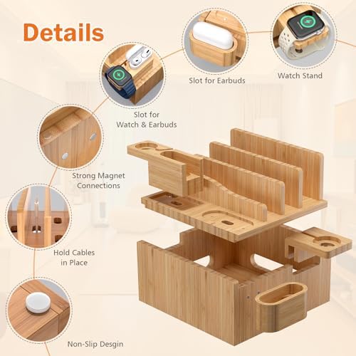 Eco-Friendly Bamboo Multi-Device Charging Hub by Pezin & Hulin – Elegant Docking Station for Phones, Tablets, Smartwatches & Earpods with 5 High-Speed USB Cables for Clutter-Free, Fast Charging Solutions in Home or Office