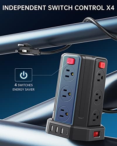 SMALLRT Power Tower Surge Protector – 10 Ft Extension Cord with 12 AC Outlets & 4 USB Ports (1 USB-C) – Ultimate Charging Station for Home & Office – Enhanced Device Compatibility & Safety