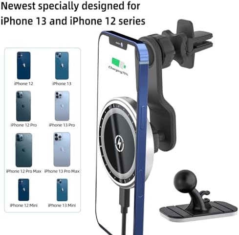 Magnetic Wireless Car Charger with Extended Arm for Unobstructed Airflow – 15 W Fast Charging Phone Holder Mount for Dashboard or Air Vent – Compatible with i Phone & Android Devices – Effortless Navigation and Music Control while Driving