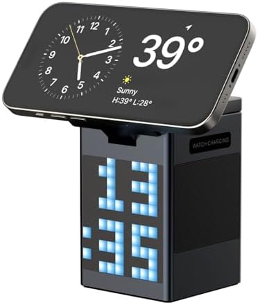 Ultimate 3-in-1 Wireless Charging Station with Bluetooth 5.3 Speaker & Adjustable Alarm Clock – 15 W Qi-Compatible Magnetic Fast Charger for 3 Devices, Enhanced Audio Experience, USB Type-C Ports, Mood Lighting & Voice Assistant Compatibility – Ideal Bedside & Desk Organizer in Sleek Black