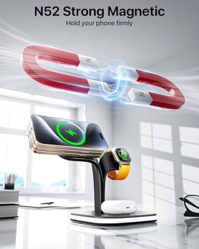 Revolutionary EXW Multi-Device Wireless Charging Hub: High-Performance Mag Safe Charger for i Phone 16/15/14/13/12, Apple Watch Series 1-9, and Air Pods – Sleek Black Finish with LED Charging Indicator & Complimentary Adapter for Effortless Device Management