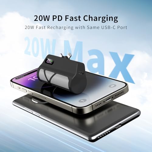 Sleek 5000 m Ah Portable Power Bank – Dual Port Fast Charging for Type-C & Apple Devices with Integrated Cables, Perfect Travel Companion for On-the-Go Charging – Lightweight Design for Effortless Mobility and Maximum Convenience