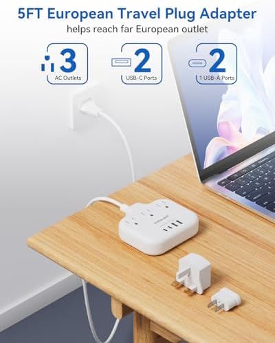 Ultimate Universal Travel Plug Adapter with PD30 W Fast Charging Hub – 3 Multi-Port Connectivity for International Travel, Featuring Dual USB-C & USB-A Outputs, 3 ft Extension Cord for Effortless Power in EU, US, UK, France & Spain – Perfect Solution for Global Adventurers Seeking Reliable Charging Options