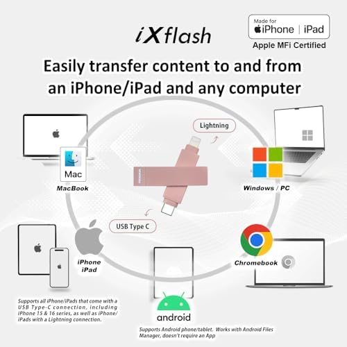 256 GB i Xflash USB Type C & Lightning Photo Backup Stick – Apple MFi Certified Storage Solution for i Phone & i Pad – Effortless Photo and File Transfer with High-Speed Performance – Ultimate Dual Compatibility for Travelers and Photographers