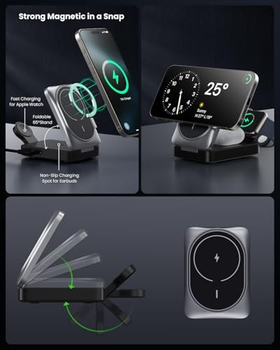 3-in-1 Qi2 Certified Wireless Charging Station – 15 W Fast Magnetic Charger for i Phone 16/15/14/13/12, Apple Watch, Air Pods – Foldable Design with 30 W USB-C Adapter for Ultimate Compatibility and Efficiency – Elevate Your Charging Experience with Enhanced Safety Features and Versatile Viewing Angles