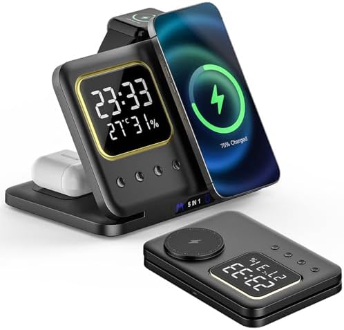 Revolutionary 5-in-1 Wireless Charging Station with Digital Clock, Night Light, and Temperature Display – 15 W Fast Charge for Qi Phones, Smartwatches & TWS Earbuds – Enhanced Safety Features and Space-Saving Design for Home or Travel