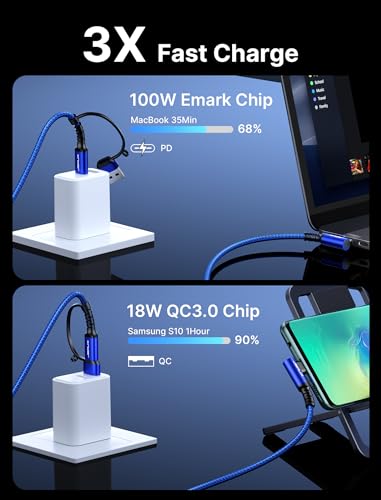 JSAUX 100 W USB C Cable 2-Pack – 10 FT Right-Angle Charging Cords with Fast Data Transfer for i Phone 16, Samsung Galaxy, i Pad & Mac Book – Durable & Flexible Design for Effortless Charging in Tight Spaces
