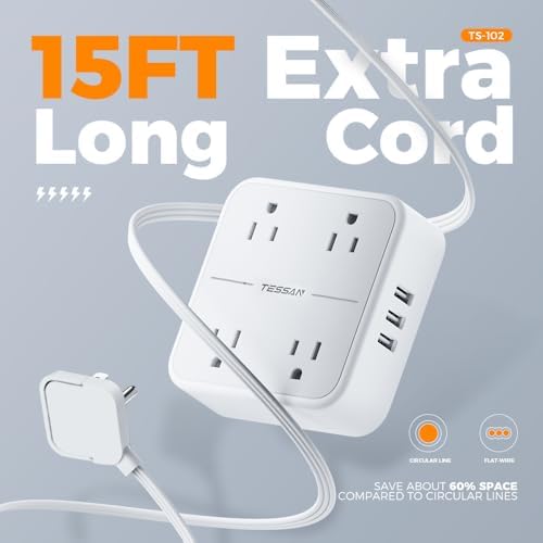 TESSAN Compact Flat Plug Surge Protector Power Strip with 4 AC Outlets and 3 Fast-Charging USB Ports – 5 ft Extension Cord for Office, Dorm, and Travel – 900 J Surge Protection for Enhanced Device Safety and Clutter-Free Organization
