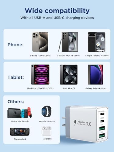 Aioneus 40 W USB C Fast Charging Block – 4-Port Dual PD & QC Wall Charger for i Phone 11-16, i Pad & Samsung Devices – Compact, High-Performance Power Adapter with Enhanced Safety Features for Home & Travel