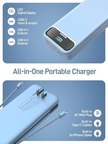 Ultimate 20,000 m Ah Portable Charger with Built-in Cables & AC Plug – Super Fast PD20 W & SCP22.5 W USB-C Power Bank for Quick Device Charging – LED Display & Universal Compatibility for i Phone, Samsung & More – Essential Travel Accessory for On-the-Go Power Solutions