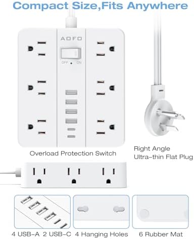 Maximize Your Charging Potential with AOFO 5 Ft Flat Plug Power Strip: 12 Outlet Surge Protector & 6 USB Ports (4 USB-A, 2 USB-C) for Home, Office, and Dorm Use – Reliable, Safe, and Space-Saving Design for All Your Devices