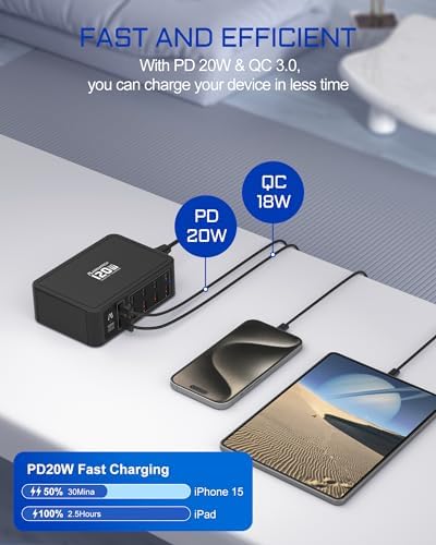 Ultimate 10-Port USB & USB-C Fast Charging Station – 120 W Multi-Device Power Hub with PD3.0 & QC3.0 for i Phone 15/14/13/12, i Pad Air/Pro, Galaxy – Sleek White Design for Home and Travel Efficiency