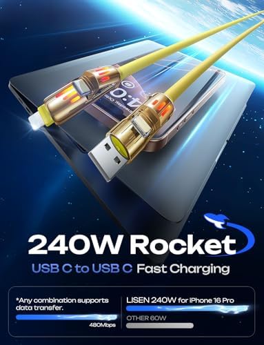 LISEN 240 W 4-in-1 USB C to Lightning Charging Cable – 10 FT Heavy-Duty Multi-Device Charger with LED Indicator for i Phone 16/15/14 Pro, Mac Book, i Pad, Samsung S25 & Nintendo Switch – Ultimate Flexibility and Fast Power Delivery
