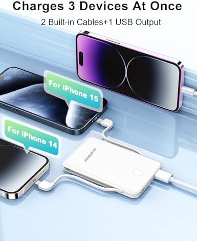 Compact 6000 m Ah Portable Power Bank with Built-in Cable – Lightweight Fast Charging External Battery for i Phone and Android – Ultimate Travel Companion for On-the-Go Charging Efficiency