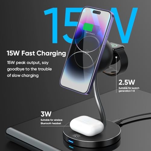 REFLEX CAMERA 4-in-1 Wireless Magnetic Charging Station for i Phone, Apple Watch & Air Pods – Fast 15 W Charging Dock with Integrated LED Lamp – Compatible with i Phone 16 Pro/16/15/14/13/12/11 – Sleek Bedside & Desktop Design – Ultimate Convenience & Organization