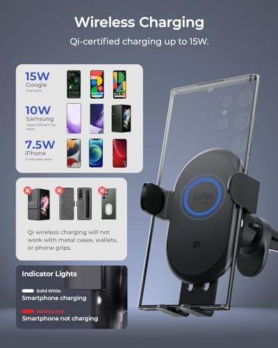 Upgrade Your Driving Experience with the i Ottie Auto Sense 2 Qi Wireless Charging Air Vent Phone Holder – Effortless Auto-Clamping Smartphone Mount for Secure Vehicle Access – Compatible with i Phone, Google Pixel, Galaxy, LG, Huawei & More – Tangle-Free One-Hand Operation for Enhanced Safety and Convenience in Every Journey