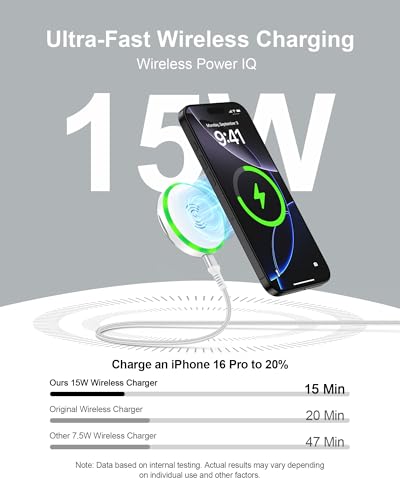 Mag Safe Wireless Charger Pad with Stand – 15 W Fast Charging Magnetic Dock for i Phone 16/15/14, Google Pixel 9 Series, Samsung Galaxy S25/S24/S23, Air Pods, and Qi-Compatible Devices – Optimal Magnetic Alignment and Safety Features for Reliable Power Delivery