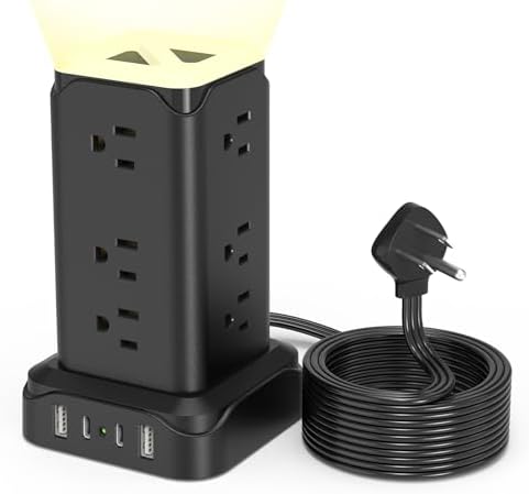 Transform Your Charging Setup with the PD20 W USB C Power Strip Tower – 6 Feet Surge Protector with 4 Fast-Charging USB Ports and Built-in Night Light, Perfect for Home, Office, or Dorm Room, Featuring a Compact Design with Thin Flat Plug for Ultimate Space Efficiency and Enhanced Device Safety