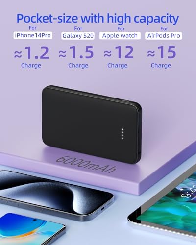 Ultra-Slim 6000 m Ah Portable Charger with Built-In Cable – Fast Charging Power Bank for i Phone 14/14 Pro Max/13/12 Pro/11/XR/X/8 – Lightweight Travel Companion for Ultimate Device Power on the Go