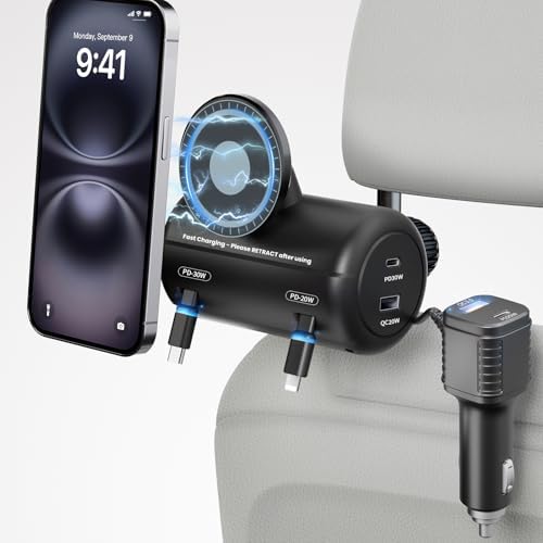 Revolutionize Your Travel Charging with the OHLPRO 6-in-1 Backseat Retractable Car Charger Station – Fast Dual USB Ports with 20 W PD & QC Adaptability, Magnetic Headrest Mount for Ultimate Convenience, Ideal for Rideshare Drivers and Passengers, Compatible with All Devices