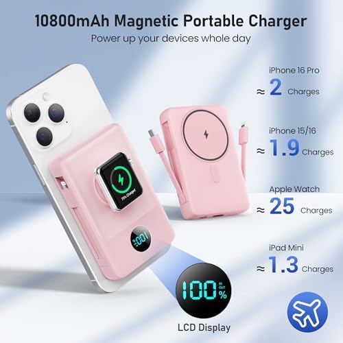 Revolutionary Magnetic Portable Charger for i Phone – 6-in-1 Power Bank with 10,800 m Ah Capacity, Built-in Cables, Apple Watch Charger, and LCD Display – 25 W PD Fast Charging for i Phone 16/15/14/13/12 and Mag Safe Compatibility – Ultimate On-the-Go Charging Solution