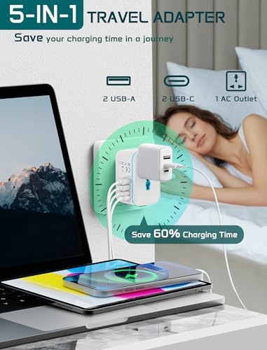 Global Travel Power Adapter with Dual USB-C & USB-A Ports – Compact 240 V AC Charger for International Use in EU, US, UK, AUS – Fast Charging Solution for Modern Travelers – Sleek, Lightweight Design (Black/Blue)