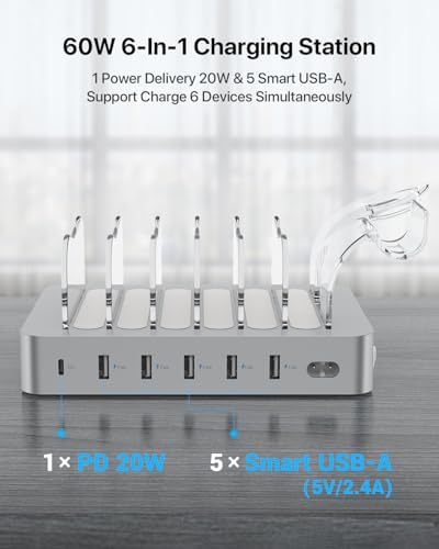 Soo Pii 60 W 6-Port USB-C Charging Station with 20 W Fast Charge – Multi-Device Power Hub for i Phone 14/13/12, Includes 6 Short Cables & 2-in-1 Holder for Organized Charging – Perfect for Home, Office & Travel