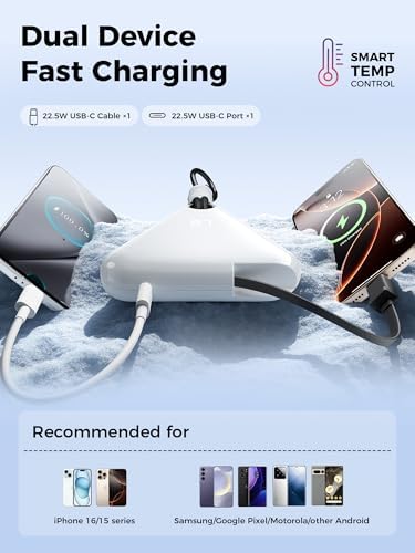 Ultimate Travel Power Bank with Retractable 2.3 ft Cable and Durable Paracord Carabiner – 10000 m Ah Fast Charging Wearable Charger in Stellar Gray, USB-C Compatible for All Devices – Stay Energized on the Go!