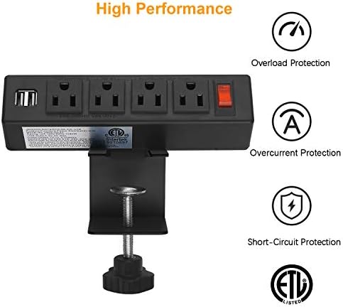 HHSOET Desktop Clamp Power Strip with USB Charging Ports – 4 AC Outlets & 6 ft Cord for Seamless Power Access – Ideal Surge Protector for Home Office, Gaming, and Study Spaces – Sleek Black Design for Enhanced Desk Organization and Convenience