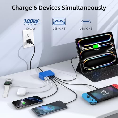Ultimate 125 W USB-C Multi-Device Charging Station: 6-Port Fast Charger with Ga N Technology for i Phone, i Pad, Apple Watch, Galaxy S23 & More – Compact Power Hub for Home & Office Efficiency
