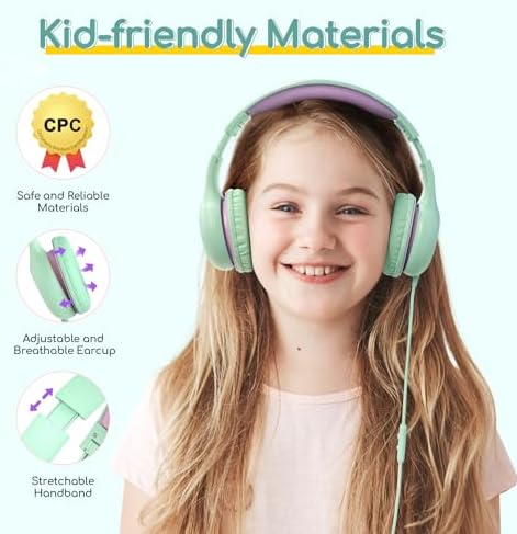 Kid-Friendly Foldable Wired Headphones with Microphone – Volume Limiting Safety (85/94 d B) for Hearing Protection, Share Port for Collaborative Audio, Ideal for Tablets, PCs, and School Use – Enhanced Type C Compatibility for Optimal Sound Quality and Comfort