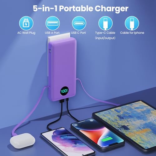 Ultra-High Capacity 33800 m Ah USB C Power Bank with Integrated Cables & AC Wall Adapter – Rapid 25 W Fast Charging with QC 4.0, Multi-Device Support, LCD Battery Status Display for i Phone 16/15, Samsung, Android, and More – Ultimate Portability and Efficiency for On-the-Go Power Solutions